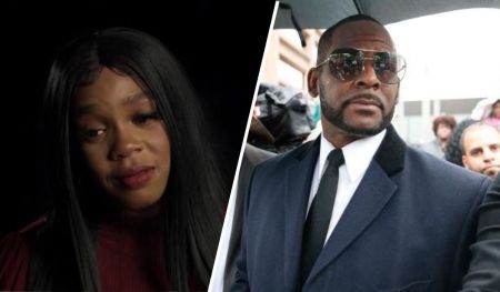 A collage featuring Joanne Kelly and R. Kelly: on the left, a close-up of Joanne with long hair appearing emotional, and on the right, R. Kelly wearing sunglasses and formal attire, standing under an umbrella, amidst a crowd.