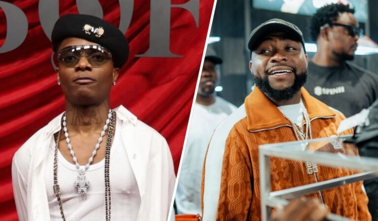 A collage featuring Nigerian music superstars, with one side showcasing Wizkid in a stylish outfit and sunglasses, and the other side depicting Davido smiling in a fashionable jacket, both against dynamic backgrounds.