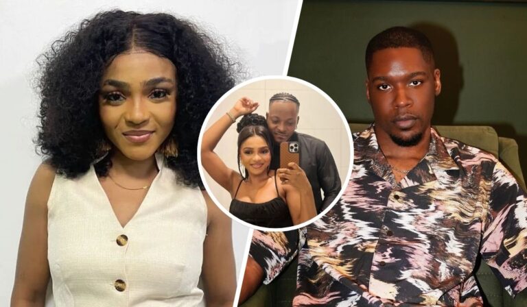 A composite featuring BBNaija stars Kassia on the left, Shaun on the right, and a center image of Kassia with her husband Kellyrae. Kassia smiles in a light-colored dress, while Shaun poses casually in a patterned shirt. The center image shows Kassia playfully raising her arm, with her husband smiling beside her.