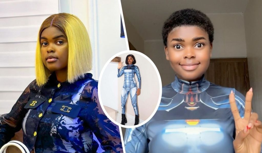 Robotic content creator Jadrolita showcases two distinct looks: one featuring a stylish outfit with a bold blonde bob, and the other in a futuristic bodysuit, playfully posing with a peace sign.