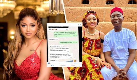 A glamorous actress Regina Daniels in a red outfit poses on the left, while she and husband Ned is seated together on the right, smiling warmly. In the center, a screenshot of their WhatsApp conversation reveals a playful exchange about dinner plans, demonstrating their affectionate communication.