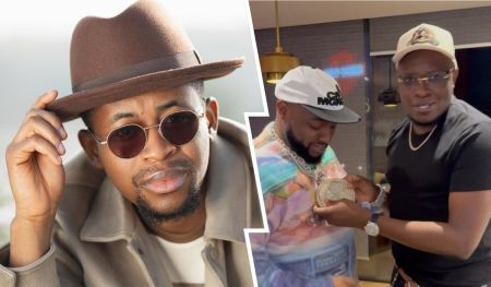 Media personality Solomon Buchi is seen on the left wearing a brown hat and sunglasses, while the right side features singer Davido in a colorful outfit, closely interacting with Pastor Tobi, who is presenting a gold chain to him.