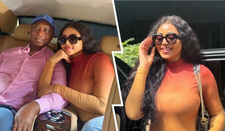 Regina Daniels and Ned Nwoko pose together in a luxurious car, smiling and enjoying each other's company. Regina, wearing stylish sunglasses and a form-fitting outfit, appears cheerful, while Ned looks relaxed and content beside her. In a separate scene, Regina stands outside, waving and showcasing her fashionable look.