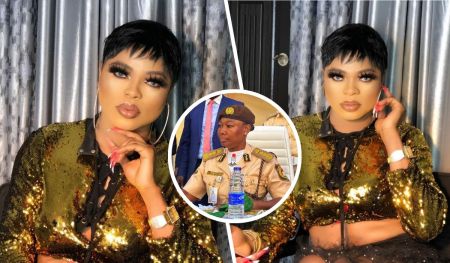 The scene features Bobrisky on either side, showcasing a stylish, glamorous pose, while a central figure, Comptroller-General of Nigeria Immigration Service (NIS) Kemi Nandap dressed in official attire, is engaged in a moment of contemplation. The surrounding decor adds a contemporary touch, highlighting the contrast between the casual glam and formal presentation.