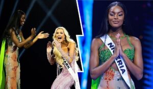 Victoria Kjaer Theilvig, the Miss Universe 2024 winner from Denmark, joyfully celebrates with Chidinma Adetshina, the 1st Runner-up from Nigeria. The two contestants share a moment of excitement and camaraderie on stage, showcasing their stunning outfits and the thrill of the competition.