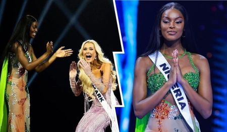 Victoria Kjaer Theilvig, the Miss Universe 2024 winner from Denmark, joyfully celebrates with Chidinma Adetshina, the 1st Runner-up from Nigeria. The two contestants share a moment of excitement and camaraderie on stage, showcasing their stunning outfits and the thrill of the competition.