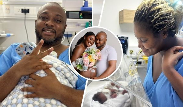 Actress Chizzy Alichi's husband is joyfully holding their newborn (left). Chizzy Alichi is experiencing a tender moment in a hospital setting with her baby (right). Chizzy and her husband, Mba, radiate happiness and love as they pose together with floral arrangements (middle)