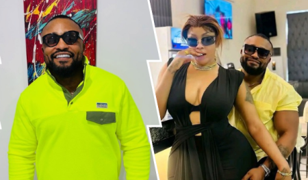 Angela Okorie in a black cut-out dress posing with her ex, Oil Money, who wears a yellow shirt, alongside a solo shot of Oil Money in a neon green pullover against a colorful abstract painting.