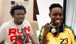 Nigerian comedian Nasty Blaq on the left, looking quizzical in a white t-shirt, and TikTok star Peller on the right, smiling and showing off a large necklace while wearing a yellow jersey with the number 23.