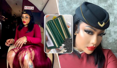 Angela Okorie dressed in a stylish burgundy outfit and black hat, seated in a private jet, with a collage showing her Nigerian passports.