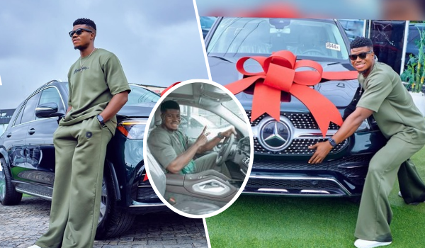 Skitmaker Zicsaloma in an olive green tracksuit and white sneakers poses with a black Mercedes SUV decorated with a large red bow, leaning against it in one scene, sitting inside at the wheel in another, and crouching in front of the car in a third.