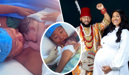 A collage featuring Judy Austin cradling her newborn baby girl, glowing with maternal joy, alongside a scene of Judy and Yul Edochie dressed in matching elegant attire, smiling warmly together.[](https://www.legit.ng/entertainment/celebrities/1655523-judy-austin-displays-maternity-elegance-lovely-outfit-prays-women-motherhood-blessing/)[](https://www.gistlover.com/yul-edochie-shares-video-of-hospital-as-wife-judy-austin-prepares-for-delivery/)[](https://www.legit.ng/entertainment/celebrities/1655307-yul-edochie-dresses-deity-judy-austins-pregnancy-photoshoot-fans-react-blue-shoe/)