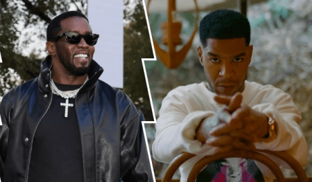 A collage featuring Diddy on the left, wearing sunglasses, a black leather jacket, and a cross necklace, smiling outdoors, and Kid Cudi on the right, in a white hoodie, sitting on a wooden chair with a serious expression against a stone wall background.