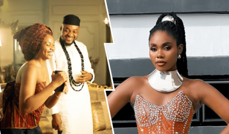 Influencer Janemena and her husband Andre share a joyful moment on the left, dressed in traditional attire with Janemena in a patterned outfit and Andre in a white robe and black cap. On the right, Janemena poses confidently in a sparkling orange top with a metallic choker, her hair styled in a high ponytail.