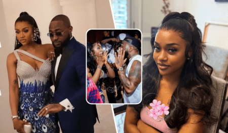 A collage featuring Davido and Chioma: on the left, they pose together at a formal event, Chioma in a shimmering blue dress and Davido in a navy suit; in the center, they share a joyful moment with friends at a lively gathering; on the right, Chioma sits with long, wavy hair adorned with a pink flower accessory, wearing a pink top.