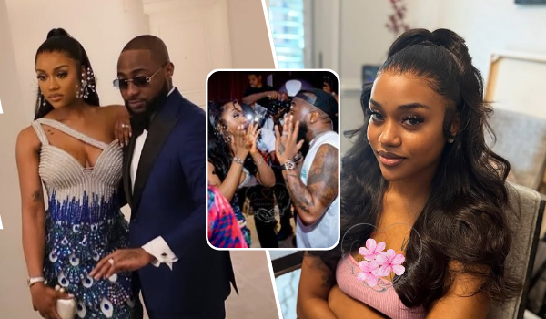 A collage featuring Davido and Chioma: on the left, they pose together at a formal event, Chioma in a shimmering blue dress and Davido in a navy suit; in the center, they share a joyful moment with friends at a lively gathering; on the right, Chioma sits with long, wavy hair adorned with a pink flower accessory, wearing a pink top.