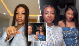 A collage featuring Danielle Edochie in a cropped blue striped shirt and white pants, sitting in a modern living room, alongside her mom May Edochie in a blue denim dress with white splatter patterns, standing with Danielle in a hallway.