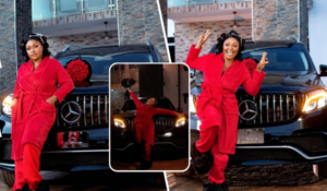 Blessing CEO poses confidently in a red outfit beside a black Mercedes-Benz, striking various playful poses including a peace sign and a celebratory jump, with a luxurious house in the background.