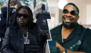 Collage featuring Rema on the left, wearing a black leather jacket and sunglasses with long dreadlocks, accessorized with a large chain necklace, alongside Don Jazzy on the right, dressed in a black shirt with a floral design and sunglasses, smiling confidently.