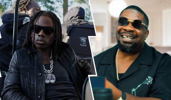 Collage featuring Rema on the left, wearing a black leather jacket and sunglasses with long dreadlocks, accessorized with a large chain necklace, alongside Don Jazzy on the right, dressed in a black shirt with a floral design and sunglasses, smiling confidently.