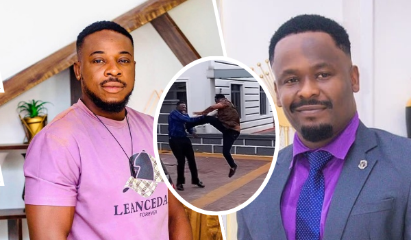 A collage featuring actors Godwin Nnadiekwe on the left in a pink shirt and Zubby Michael on the right in a suit with a purple tie. In the center, Zubby is captured mid-action, kicking Godwin outside a building.