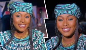 A collage featuring actress Mansura Isa smiling in a vibrant blue and green patterned outfit with a matching headwrap, adorned with white beaded details and a gold necklace, set against a blurred background.