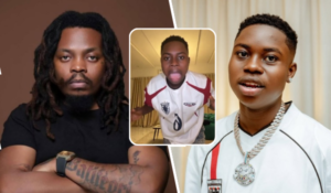 Collage featuring rapper Olamide on the left in a black shirt with a tattooed arm and watch, and streamer Peller in the middle and right, wearing a white "Made Extreme" jersey with a large silver chain and pendant, and another shot with a similar jersey making a playful face, set against neutral backgrounds.