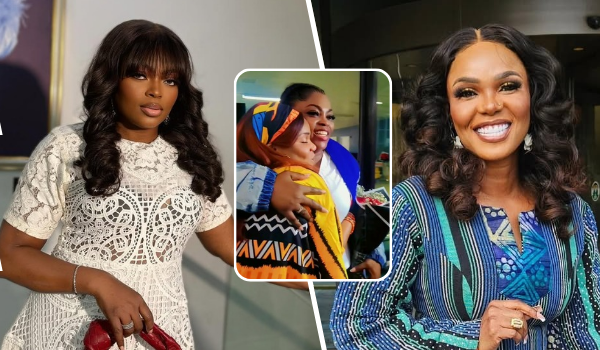 Actress Funke Akindele stands elegantly in a lace dress on the left, while Iyabo Ojo, in a vibrant patterned outfit, hugs Funke in the middle, and Iyabo poses confidently in a blue and green dress on the right.