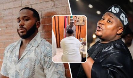 BBNaija Kiddwaya stands against a brick wall on the left, while Cubana Chief Priest kneels before President Tinubu in a formal setting in the center, with Cubana Chief Priest performing energetically on the right.