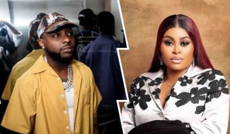 A split composition featuring singer Davido on the left, wearing a yellow shirt, white undershirt, and a patterned cap, standing among a group of people in a casual setting. On the right, actress Sarah Martins poses in a white floral-embroidered top against a brown backdrop, with her long, reddish hair styled neatly.