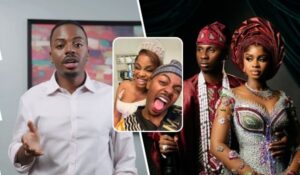 Influencers Enioluwa Prince on the left in a white shirt, Enioluwa and Priscilla Ojo in the middle sharing a playful moment, and Priscilla with her singer husband Juma Jux on the right in elaborate traditional attire.
