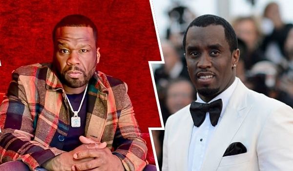 Rapper 50 Cent sits on a red couch in a plaid jacket, while Diddy stands in a white tuxedo with a black bow tie, surrounded by photographers at a red carpet event.