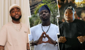A composition featuring singer Davido on the left in a beige cap and shirt, VDM in the middle wearing a white outfit and blue cap with hands in a triangular gesture, and socialite Cubana Chief Priest on the right in a black traditional outfit and cap, standing in a lively setting.