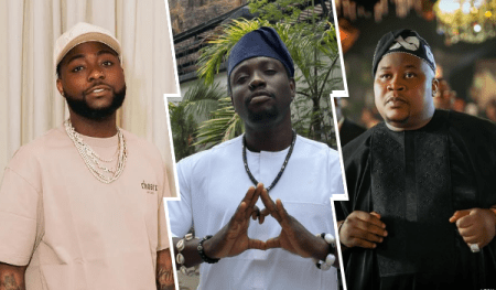 A composition featuring singer Davido on the left in a beige cap and shirt, VDM in the middle wearing a white outfit and blue cap with hands in a triangular gesture, and socialite Cubana Chief Priest on the right in a black traditional outfit and cap, standing in a lively setting.