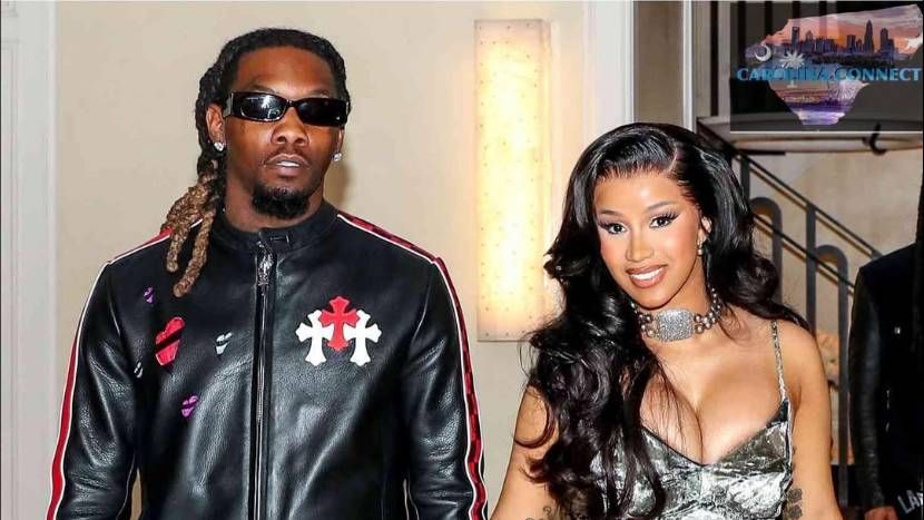 Estranged couple Cardi B and Offset stand side by side, with Offset wearing a black leather jacket adorned with red and white crosses and Cardi B in a shimmering silver dress, both accessorized with bold jewelry, at an event with a "California Connect" sign in the background.