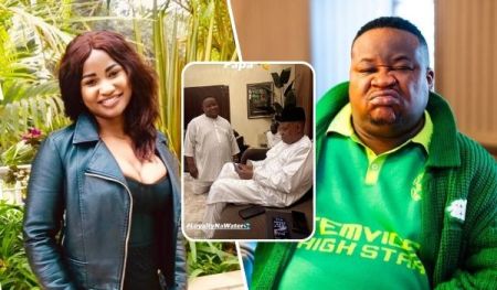 Hellen Ati is depicted on the left in a leather jacket and black top, standing outdoors with greenery. In the middle, Cubana Chief Priest is shown kneeling before VP Shettima, who is seated in a room. On the right, Cubana Chief Priest appears in a green outfit with a "High Star" logo, making a face.