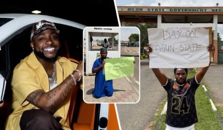 A collage featuring singer Davido smiling in a yellow shirt inside a car on the left, comedian Nasboi kneeling with a sign reading "DAY 2 KANO STATE" in the middle, and Nasboi standing outside Osun State Government Secretariat holding a sign that says "DAY 001 OSUN STATE" on the right.