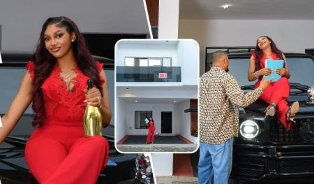 A collage featuring BBNaija star Chomzy and her husband Rich Figo celebrating her newly gifted house. Chomzy, dressed in a vibrant red jumpsuit, poses confidently with a gold champagne bottle while sitting on a black car. Another scene shows her standing in front of a modern two-story house with a "SOLD" sign on the balcony. In the final moment, Chomzy, holding a blue folder, leans against a luxury black SUV, smiling as Rich Figo, in a patterned shirt and jeans, stands beside her.