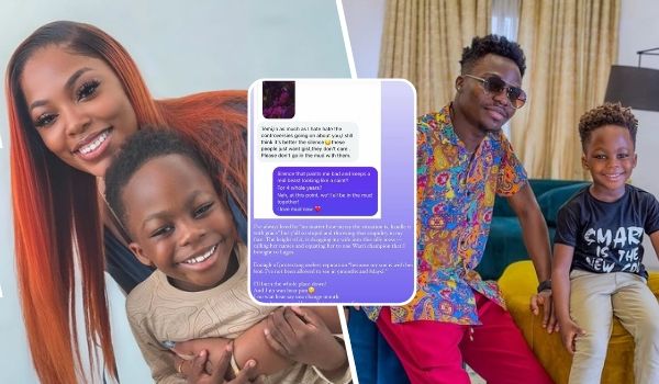 A collage featuring estranged partners Temiloluwa and Demure with their son. On the left, Demure with red hair embraces their son, both smiling warmly against a light background. In the center, a screenshot of Temiloluwa's Instagram story. On the right, Temiloluwa in a colorful shirt and red pants sits on a couch with their son, who wears a black "SMART IS THE NEW COOL" shirt, both smiling in a cozy living room setting.