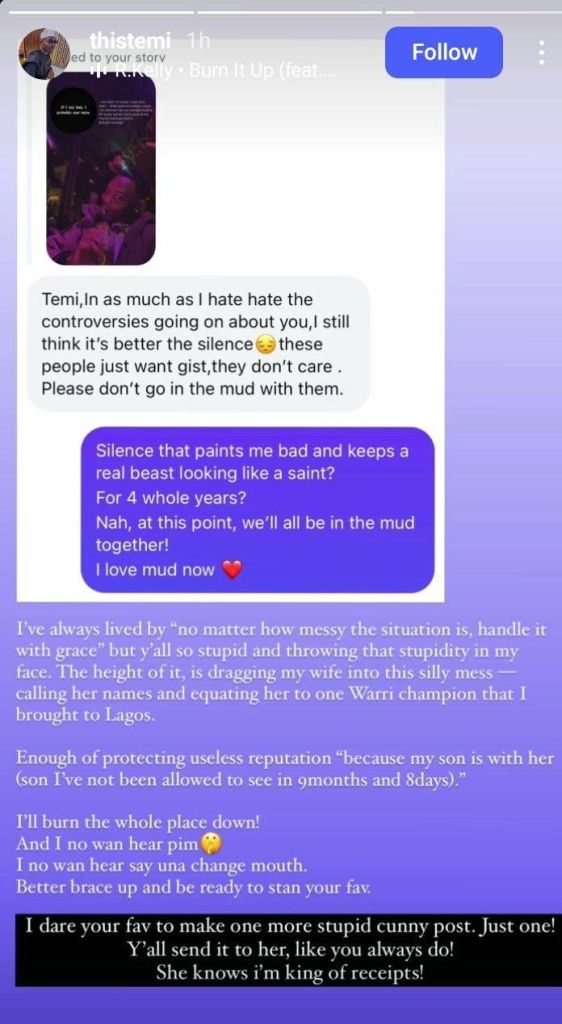 A screenshot of Temiloluwa's Instagram story, posted under the username "thistemi" with the song "Burn It Up" by R. Kelly featuring WISIN & YANDEL playing in the background. The post, shared one hour ago, features a purple gradient background with white and purple text, including a "Follow" button at the top right.