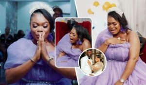 The collage features actress Ruby Orjiakor in a stunning purple gown, adorned with a delicate headpiece and intricate jewelry. She is captured in various emotional moments, including a prayerful pose with hands clasped, an expressive reaction while seated on a red chair, and a touching scene with her hand on her chest. The background includes a festive setting with yellow balloons, and a smaller inset shows her alongside a man in a white outfit, suggesting a celebratory or wedding-related event.