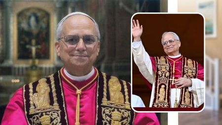 The image shows Pope Leo XIV, in two poses: a close-up portrait and a full-body shot of him waving. Both show him wearing his papal vestments.