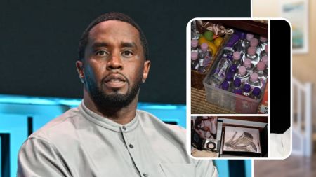 Sean "Diddy" Combs appears beside photos of items found in his home, including bottles of baby oil, lubricants, lingerie, and high heels.