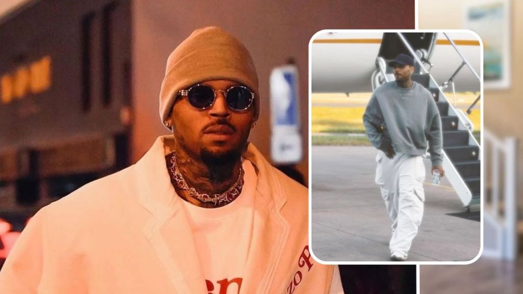 Chris Brown wearing a beige beanie and sunglasses, dressed in a light jacket with a visible logo, stands indoors with a blurred background. Inset, he is seen walking down an airplane staircase in a grey sweatshirt and white pants, holding a drink, with an airport tarmac in the background.