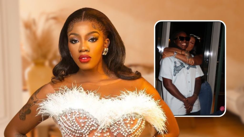 BBNaija star Angel Smith poses in an elegant white feathered dress with intricate beadwork, showcasing a tattooed arm and bold makeup. An inset photo shows her embracing her lesbian partner, both smiling warmly in casual attire.