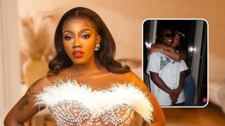 BBNaija star Angel Smith poses in an elegant white feathered dress with intricate beadwork, showcasing a tattooed arm and bold makeup. An inset photo shows her embracing her lesbian partner, both smiling warmly in casual attire.