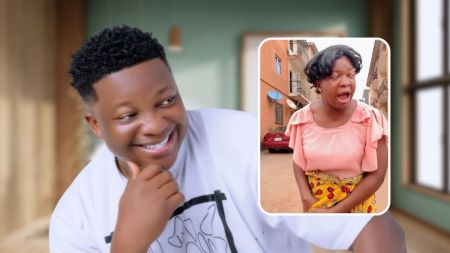 Skitmaker Mama Uka is portrayed in two distinct looks. On one side, he appears in a casual white shirt with a thoughtful expression. On the other, he embraces his comic persona, dressed in a pink blouse and a vibrant patterned skirt, standing outdoors with buildings and a red car in the background. This contrast showcases his versatility and creativity in comedic storytelling.