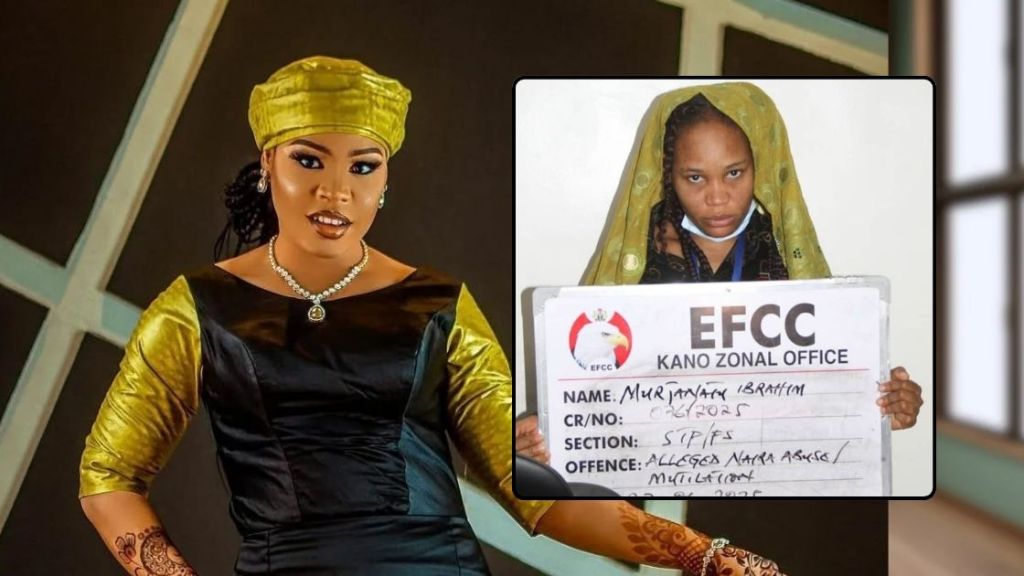 Murja Kunya is showcased in two contrasting moments. On one side, she wears a striking black dress with gold sleeves and a matching headwrap, accessorized with elegant jewelry and intricate henna designs on her hands. On the other side, she holds a placard from the EFCC Kano Zonal Office, displaying her name, case number, section, and an allegation related to naira abuse/mutilation. The juxtaposition underscores her public identity alongside her legal challenges.