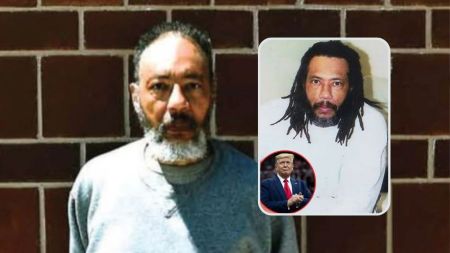 Gang leader Larry Hoover stands in front of a brick wall, with a smaller inset photo of Donald Trump in a suit, gesturing with his hands.