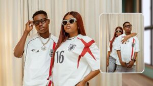A stylish collage featuring lovebirds Peller and Jarvis, dressed in matching white jerseys with red accents and the number 16, accessorized with sunglasses and jewelry. The background showcases elegant beige curtains, with one inset photo highlighting their affectionate pose.